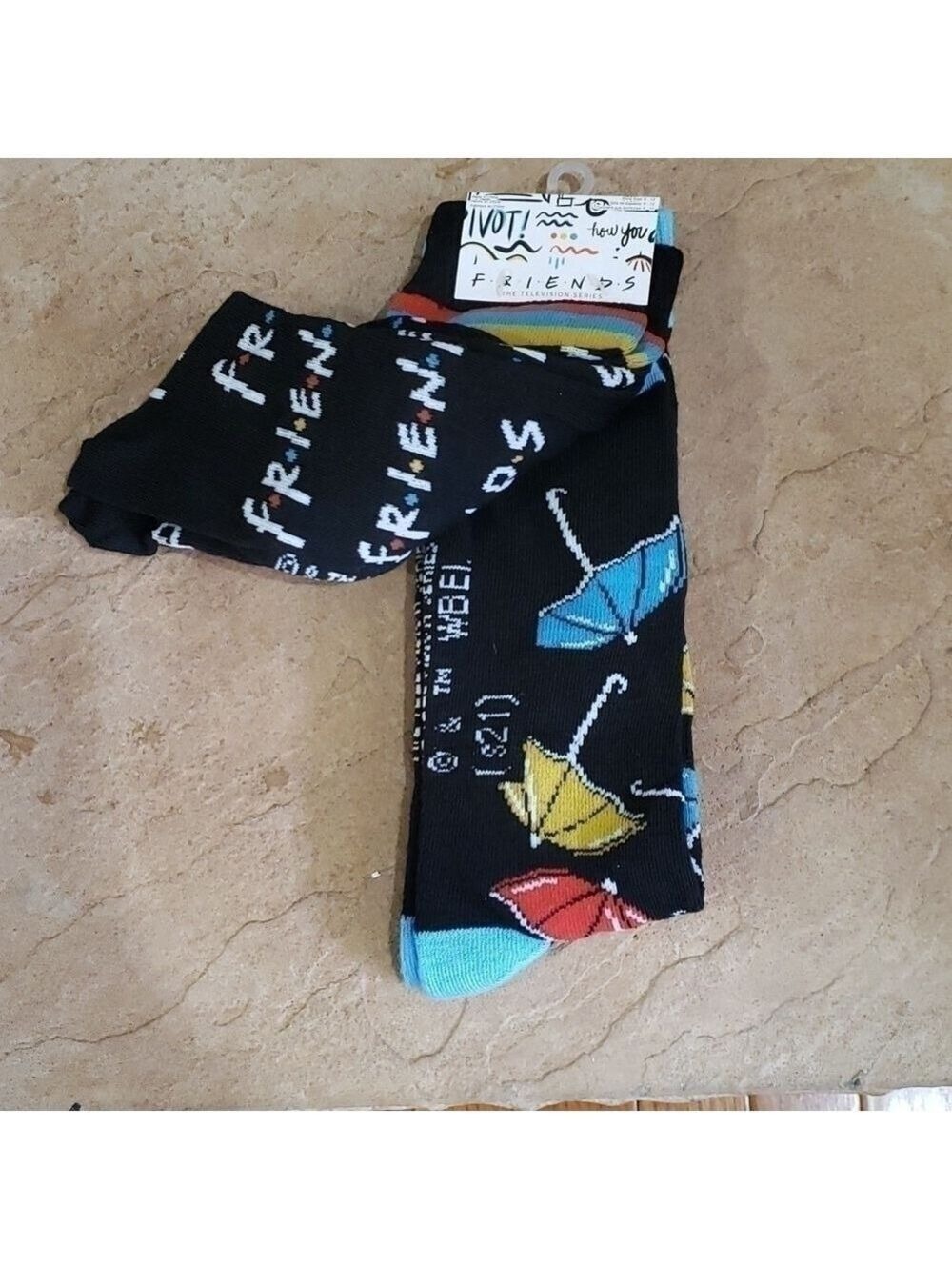 Friends TV Comedy Series Novelty Crew Socks 2 Pair F.R.I.E.N.D.S Umbrella - Picture 3 of 4